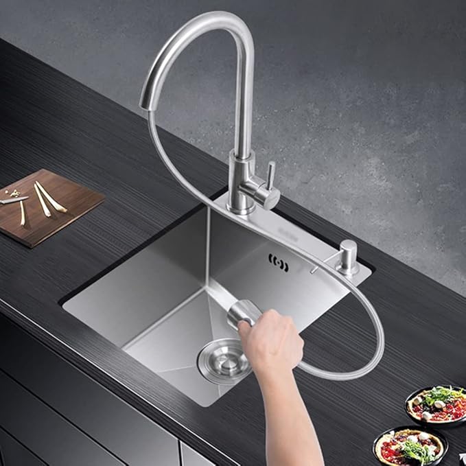 Single Bowl Sink with Accessories, Siphon, Tap Stainless Steel Silver Small Sink Bar Sink Kitchen Counter Sink Built-in Sink (Silver 28 * 46cm)