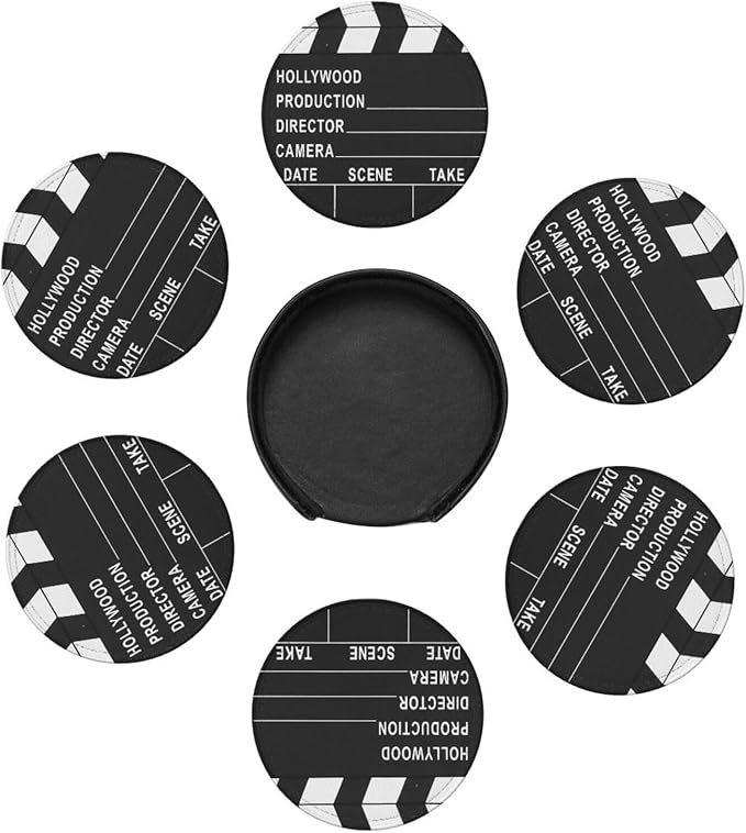 Movie Cinema Lapper Board Leather Drinks Coasters with Holder, Set of 6, Suitable for Various Cups