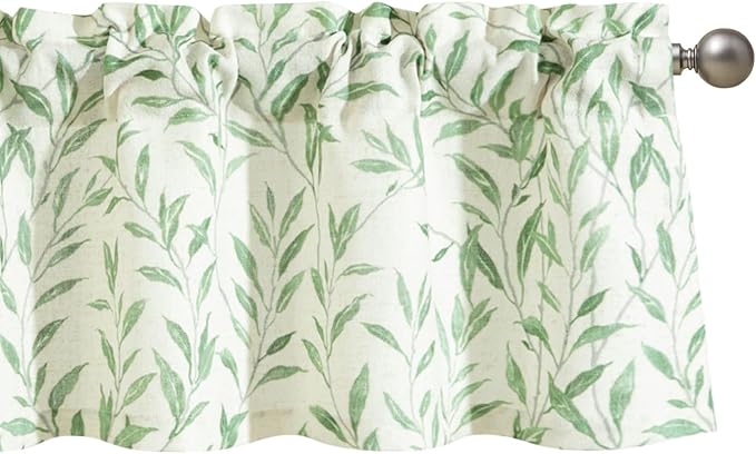 Leeva Windows Valances for Bathroom - Farmhouse Leaves Print Thermal Insulated Short Curtains for Bedroom & Kitchen, 52 x 12, Green, One Panel