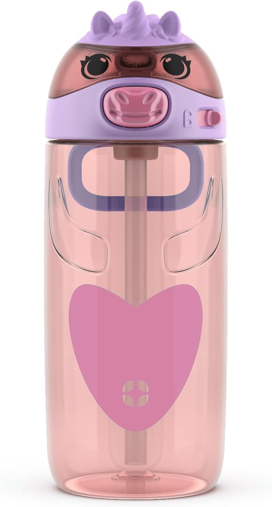 Ello Ellies 16oz Plastic Kids Water Bottle with Straw and Built-in Carrying Handle and Leak-Proof Locking Lid for School backpack, Lunchbox and Outdoor Sports, Unicorn