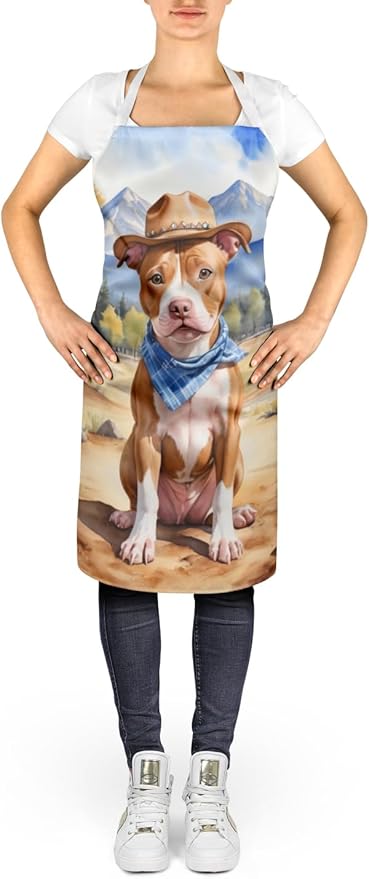 Caroline's Treasures Pit Bull Terrier Cowboy Welcome Apron Cooking Kitchen Server Baking Crafts Gardening for Adult Women Men, Unisex, Large, Multicolor
