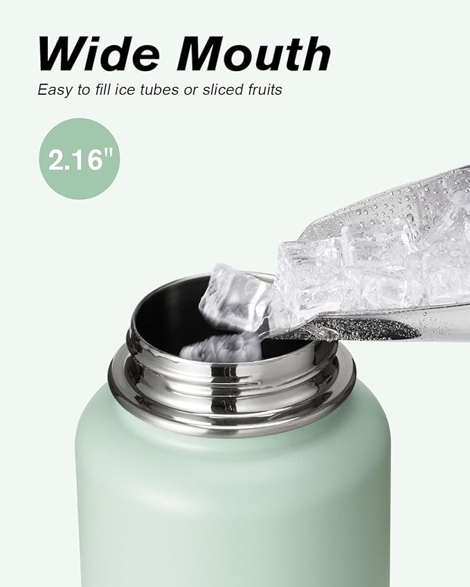 Coolflask Water Bottle 40 oz Insulated with Straw, Stainless Steel Metal 3 Lids Water Flask for Sports or Office, Keep Cold 48H Hot 24H, Grey Green