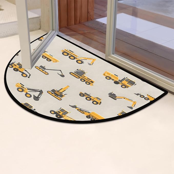 Yellow Excavator Trucks Half-Round Door Mat | Indoor Entrance Half-Moon Rug | Low-Pile | Area Rug, Non-Slip, Absorbent Semi-Circle Welcome Mats for Kitchen, Patio, and Home Decor | 36x24 Inches