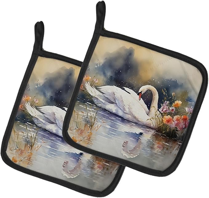 Caroline's Treasures Swan Pair of Pot Holders Kitchen Heat Resistant Pot Holders Sets Oven Hot Pads for Cooking Baking BBQ, 7 1/2 x 7 1/2
