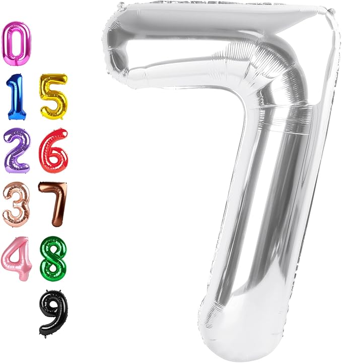 Numbers Balloon, 40 Inch 7 Balloons for Birthday Party, Silver Number Balloons 7 for 7, 17, 27 Game Competition Wedding Anniversaries Party, Christmas and New Years Eve Party