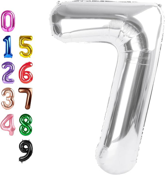 Numbers Balloon, 40 Inch 7 Balloons for Birthday Party, Silver Number Balloons 7 for 7, 17, 27 Game Competition Wedding Anniversaries Party, Christmas and New Years Eve Party