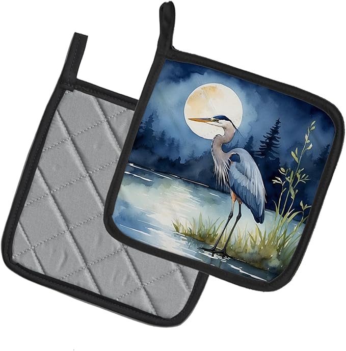 Caroline's Treasures Blue Heron Under The Moonlight Pair of Pot Holders Kitchen Heat Resistant Pot Holders Sets Oven Hot Pads for Cooking Baking BBQ, 7 1/2 x 7 1/2