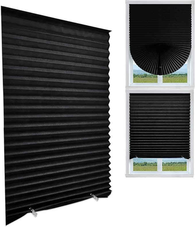 MALOKI Pleated Window Blinds,Temporary Window Shades Cordless Light Filtering Pleated Paper Shades Room Darkening Blinds for Home Bedroom Office (Black, 24 Inch x 59 Inch)