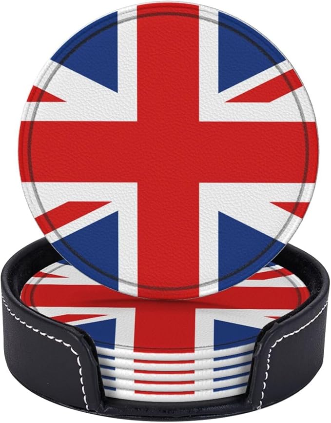 United Kingdom Flag Leather Drinks Coasters with Holder, Set of 6, Suitable for Various Cups
