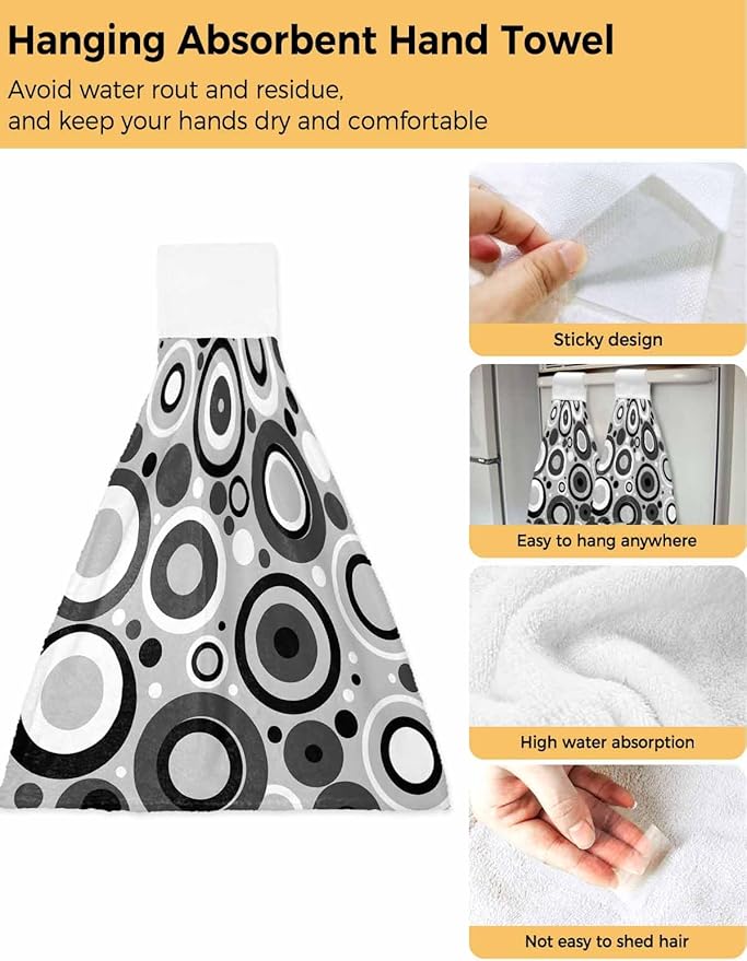 Alandar Home Kitchen Tie Towel Set of 2, Modern Circle Gray Black White Absorbent Soft Hand Towels for Bathroom Hanging Towels, Abstract Geometric Art Fast Drying Cleaning Cloth with Loop