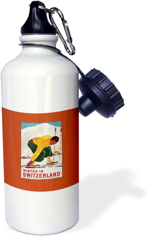 3dRose Winter in Switzerland Man Putting on his Skis Luggage Label-Sports Water Bottle, 21oz , Multicolored