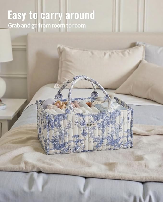 Quilted Fabric Storage Basket Floral Baby Diaper Caddy Quilted Basket Organizer for Newborn Nursery Bedroom Car Storage