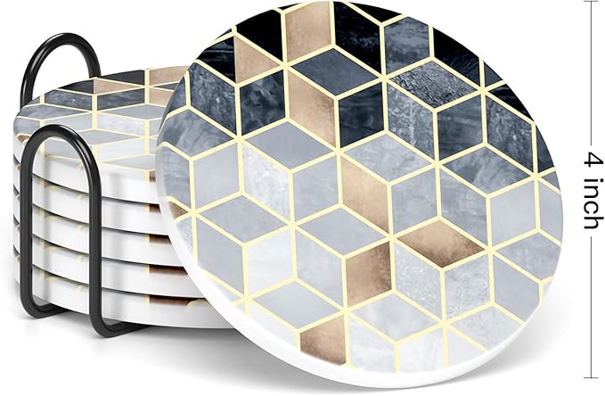 Nipichsha Coasters for Drinks, Set of 6 Cute Absorbent Ceramic Drink Coasters for Cup with Holder and Cork Base, Kitchen Home Decor Housewarming Gift, Round 4 in, Gray Gold Rhombus