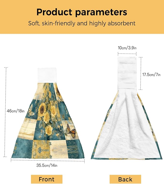 Alandar Home Kitchen Tie Towel Set of 2, Farm Sunflower Rose Butterfly Absorbent Soft Hand Towels for Bathroom Hanging Towels, Vintage Floral on Plaid Fast Drying Cleaning Cloth with Loop