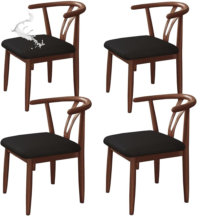 Newfashion Waterproof Dining Chair Seat Covers Set of 4, Stretch Dining Room Cushion Slipcovers Non-Slip Elastic Seat Cover for Kitchen Chairs Washable Parson Chair Protectors(Black-4PCS)