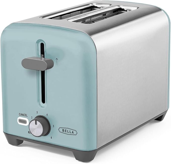 BELLA 2 Slice Toaster, Quick & Even Results Every Time, Wide Slots Fit Any Size Bread Like Bagels or Texas Toast, Drop-Down Crumb Tray for Easy Clean Up, Stainless Steel and Aqua