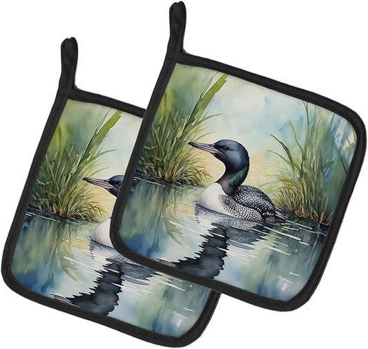 Caroline's Treasures Minnesota Common Loon Pair of Pot Holders Kitchen Heat Resistant Pot Holders Sets Oven Hot Pads for Cooking Baking BBQ, 7 1/2 x 7 1/2