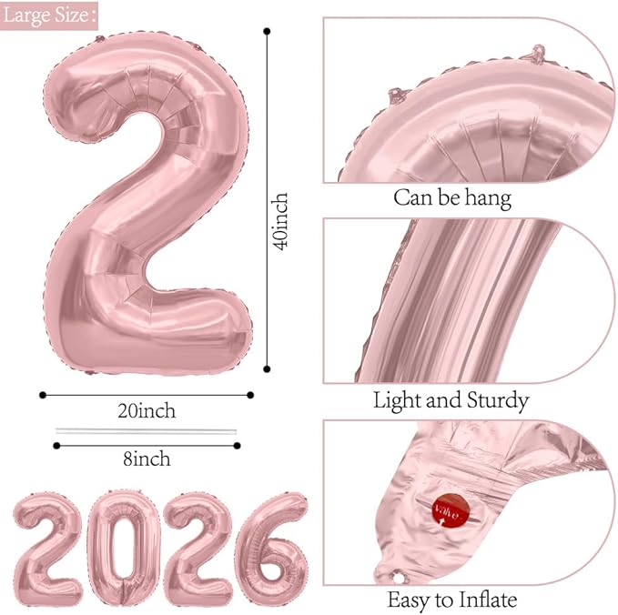 2026 Balloons, 40 Inch 2026 Number Balloons Rose Gold 2026 Balloon Large Foil New Year Balloon Numbers 2026 Mylar Baloons for Birthday Christmas Graduation New Years Eve Party Supplies Decorations