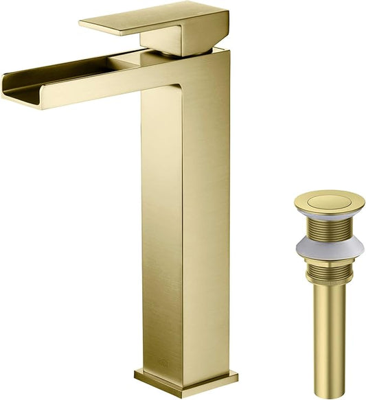 KIBI Waterfall Bathroom Sink Faucet | Single Handle Brass Vanity Faucet with Water Supply Hose | Durable Brass Construction and Smooth Water Flow | Brushed Gold Finish, KBF1005 (Pop Up Drain Included)