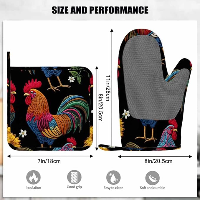 Mxocom Rooster Heat-Resistant Oven Mitts and Pot Holder Beautiful Classical Embroidery Chicken Rooster and Sunflowers Kitchen Non-Slip Cooking Microwave Gloves for Cooking Baking Grilling