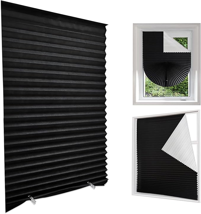MALOKI Pleated Window Blinds,Temporary Window Shades Cordless Light Filtering Pleated Paper Shades Room Darkening Blinds for Home Bedroom Office (Black, 35 Inch x 59)
