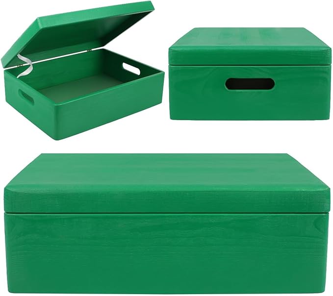 Creative Deco XL Green Wooden Box Storage with Hinged Lid | 15.8x11.8x5.5in (+-0.5) | Keepsake with Handles | Gift Box for Tool Dog Toy Kitchen Storage | Wood Chest Trunk