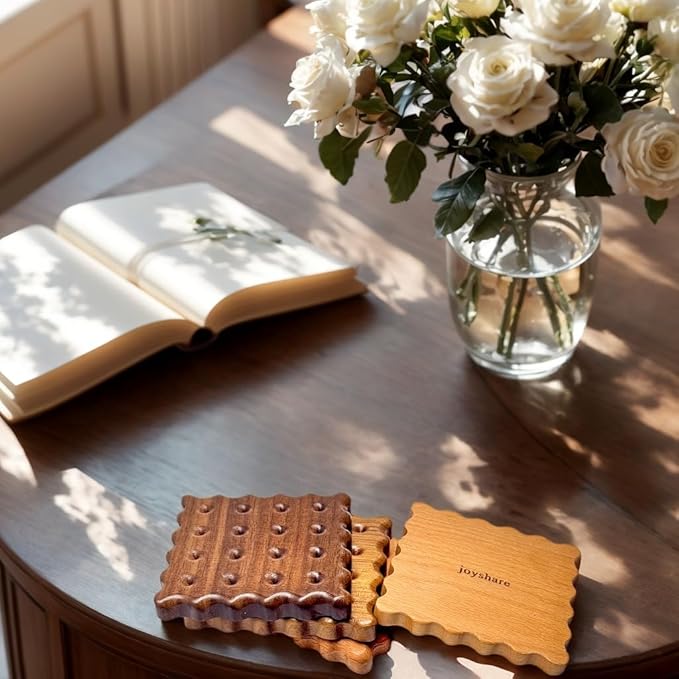 Kawaii Coasters, Walnut & Beech Wood Cookie Shaped Pads, 4PCS Set, Cute Biscuit Design, Ideal Coffee Table Insulation, Unique Gift for Coffee Lovers, Home Decor Essentials