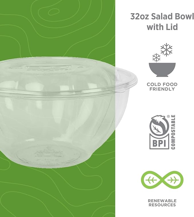 ECO PRODUCTS Compostable Clear PLA Plastic 32oz Salad Bowl With Lid, Case of 150, Grab 'n' Go Round Cold Takeout Food Containers, Renewable Plant-Based, Disposable, ASTM Compliant, BPI-Certified