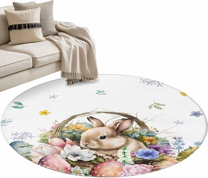 Washable Round Area Rug Easter Egg Spring Flower Cute Rabbit Circle Rugs Floor Carpet for Living Room Bedroom, Blossom Floral on White Soft Non Slip Round Rug 4ft