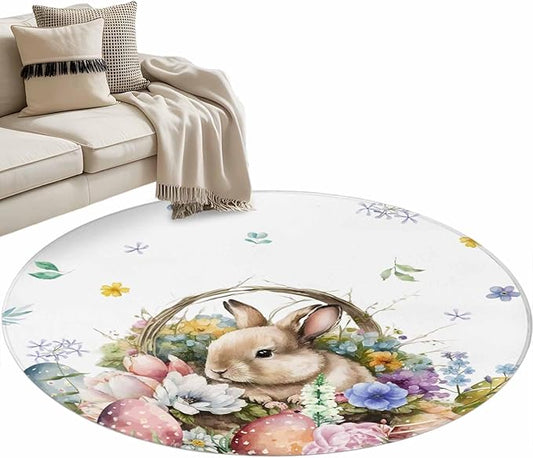 Washable Round Area Rug Easter Egg Spring Flower Cute Rabbit Circle Rugs Floor Carpet for Living Room Bedroom, Blossom Floral on White Soft Non Slip Round Rug 4ft