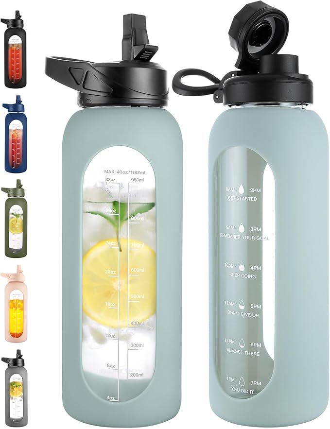 CIVAGO 40 oz Glass Water Bottle with Straw and Handle, Large Sports Motivational Water Bottle Flask with Time Marker and 2 Lids, Leakproof Water Jug Canteen with Silicone Sleeve for Gym, Sage