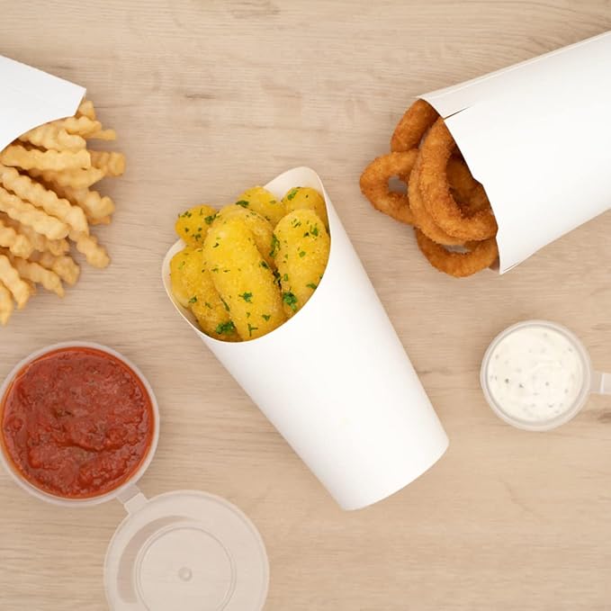 Restaurantware Bio Tek 16 Ounce French Fry Containers 100 Disposable Charcuterie Cups - Incline Design Round White Paper French Fry Cups Stackable For Waffles Chips or Popcorn