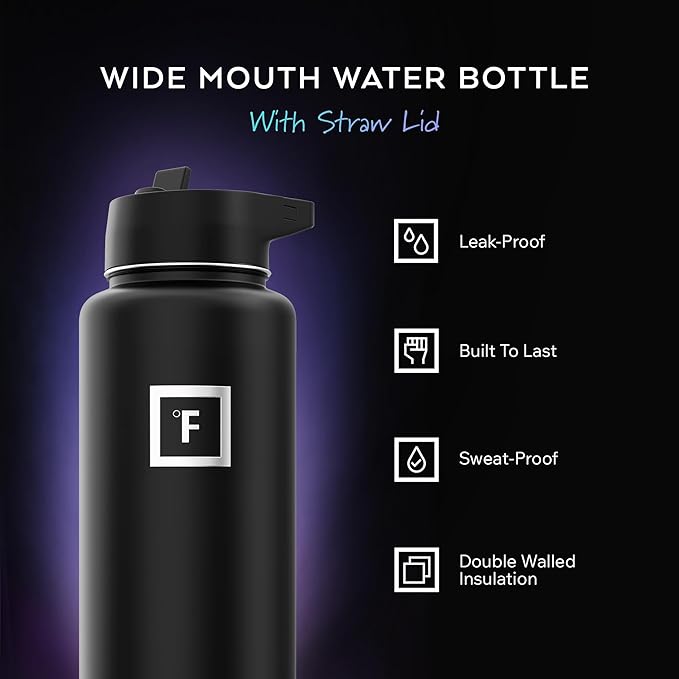 IRON °FLASK Camping & Hiking Hydration Flask with Straw, Wide Mouth Insulated Stainless Steel Sports Water Bottle - 40 oz Cobalt