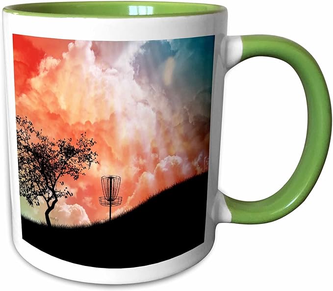3dRose Basket On A Hill - silhouette of a frisbee disc golf basket with chains 15oz Two-Tone Green Mug
