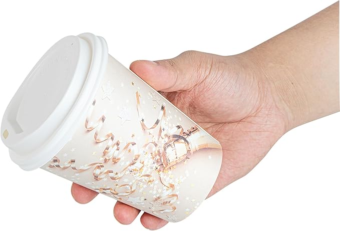 Restaurantware-Restpresso 12 Ounce New Year’s Eve Party Cups, 20 Hot Cups With Plastic Lids - Rolled Rim, Single Wall, Disposable Paper Coffee Cups, Sustainable, Serve Hot And Cold Drinks