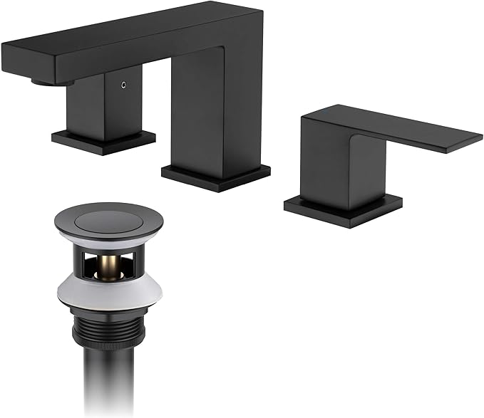 KIBI 2-Handle Cube Bathroom Sink Faucet with Drain Assembly | 3-Hole Installation, Solid Brass Construction | 8-Inch Wide Spread Lavatory Faucet | Matte Black, KBF1024