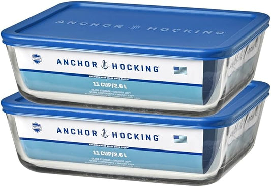 Anchor Hocking 11-Cup Glass Storage Containers with Lids, Set of 2 Glass Food Storage Containers with Blueberry SnugFit Lids