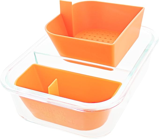 Two Compartment Borosilicate Glass Container Cleaning Tool with Sealable Lid (Tangie Orange)