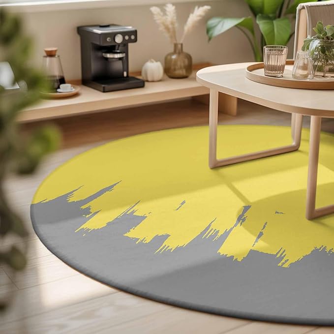Washable Round Area Rug Abstract Yellow Grey Graffiti Circle Rugs Floor Carpet for Living Room Bedroom, Oil Painting Artwork Soft Non Slip Round Rug 3ft