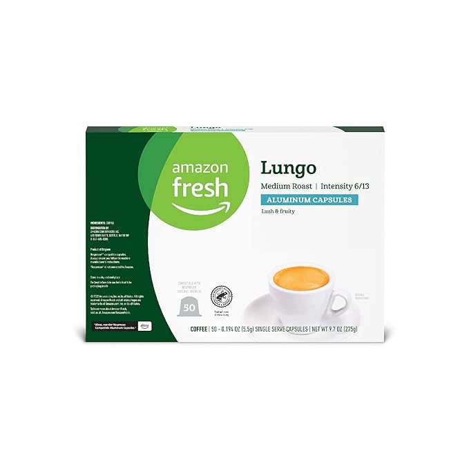 Amazon Fresh Espresso Lungo Medium Roast Aluminum Capsules, Compatible with Nespresso Original Brewers, 50 Count (5 Packs of 10)