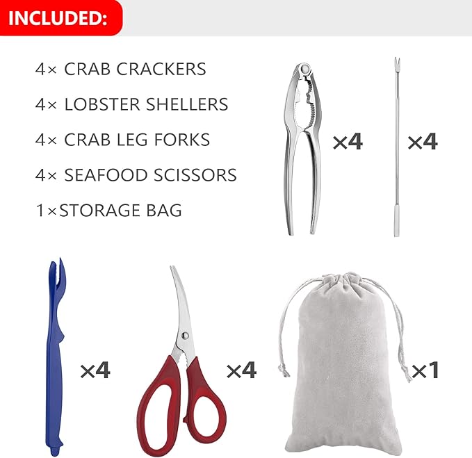 Seafood Tools Set includes 4 Crab Crackers 4 Seafood Fork 4 Lobster Crackers 4 Seafood Scissors -Nut Cracker and Storage Bag（17 Piece ）