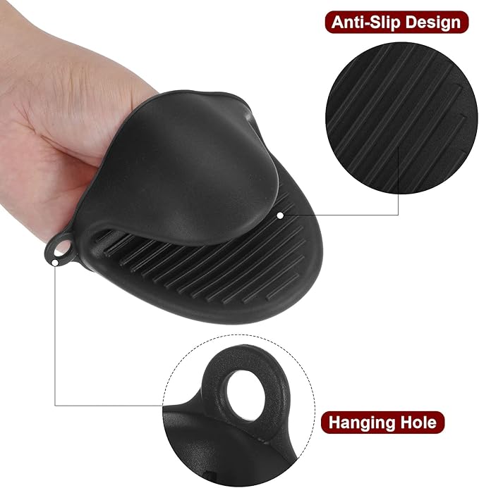 HARFINGTON 4pcs Thickened Mini Oven Gloves, Heat Resistant Silicone Oven Mitts Finger Pinch Grips Pot Holder for Kitchen, Cooking, Baking, BBQ Heat Resistant Gloves, Black