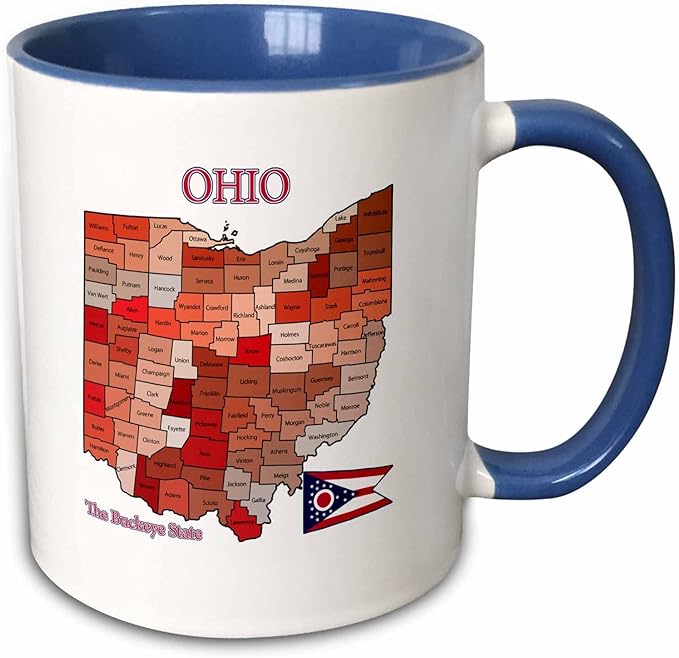 3dRose Map, flag and nickname of Ohio with all counties colored and labeled 11oz Two-Tone Blue Mug