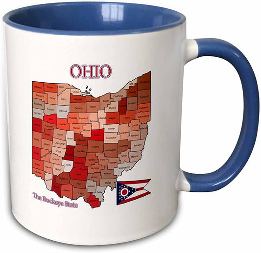 3dRose Map, flag and nickname of Ohio with all counties colored and labeled 11oz Two-Tone Blue Mug