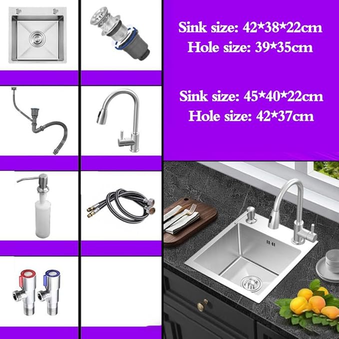 Single Bowl Household Silver Square Stainless Steel Small Sink Kitchen Bar Single Bowl Sink Embedded Vegetable Sink Balcony Hand Washing Pool (Silver 42 * 38 * 22cm)