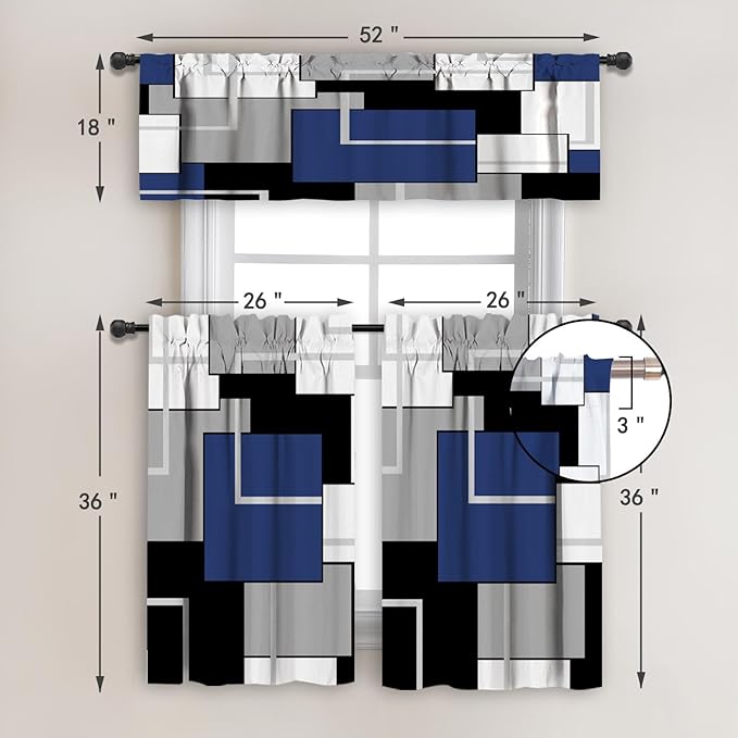 MCALK Navy Blue Blackout Kitchen Curtains Tiers and Valances for Windows, Geometric Modern Art Kitchen Window Curtains, Grey and Black Valances for Living Room (36" Tiers Set)