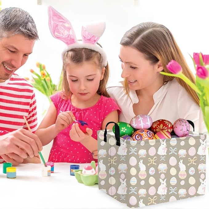 FXOLCSHE Rectangular Easter basket,Easter basket empty,Nursery Hamper,Collapsible waterproof baby toy storage box for Kids,Toy Organizer,Easter Home Decor,Gift Baskets(Bowknot egg)