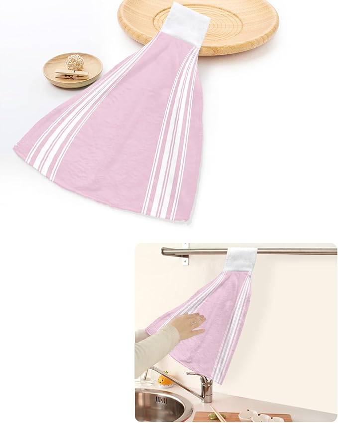 Alandar Home Kitchen Tie Towel Set of 1, Rustic Modern Minimalist Art Absorbent Soft Hand Towels for Bathroom Hanging Towels, White Stripe Line on Pink Fast Drying Cleaning Cloth with Loop
