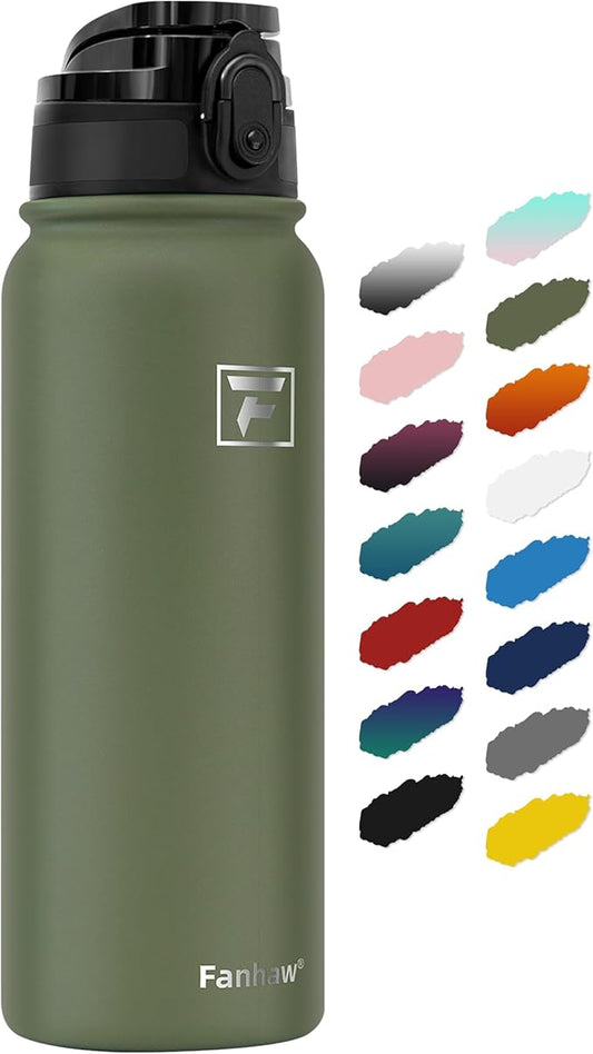 Fanhaw 20 oz Insulated Stainless Steel Water Bottle with Anti-Dust Chug Lid, Leakproof Vacuum Metal Bottle for Kids, Women & Men (Olive Green)
