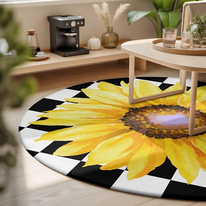 Washable Round Area Rug Watercolor Sunflower on Checkered Circle Rugs Floor Carpet for Living Room Bedroom, Yellow Black White Soft Non Slip Round Rug 3ft